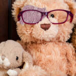 Image of stuffed rabbit and a stuffed bear wearing glasses and an eye patch